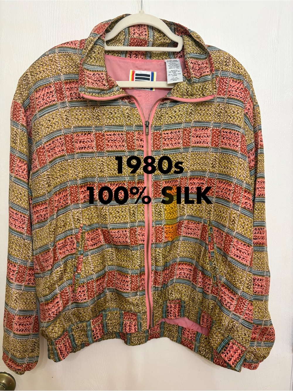 1980s vintage 100% silk bomber jacket in Pink and Olive